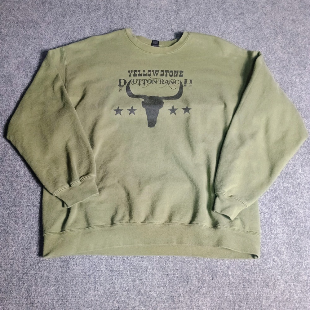 Yellowstone Dutton Ranch Sweatshirt Mens Large Green Bull Skull Western Gildan